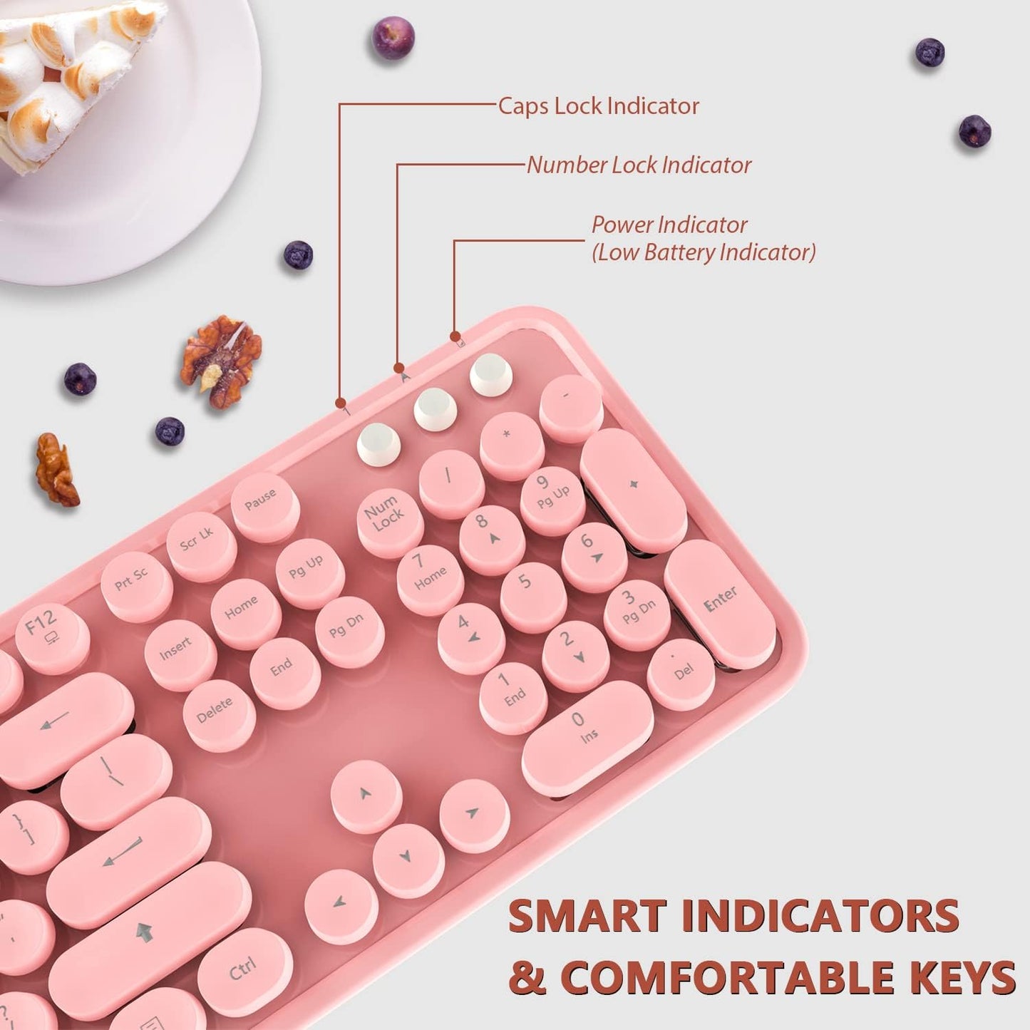 Wireless Keyboard,KOOTOP Cute Colorful 104 Keys Typewriter Retro Round Keycaps Keyboard for PC Laptop,Desktop,Windows, Home and Office Keyboards (Pink)