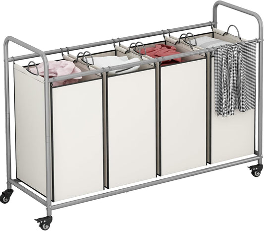 Laundry Sorter 4 Section Hamper Sorter with Heavy Duty Lockable Rolling Wheels Removable Bags Basket Separator for Dirty Clothes Storage, Beige