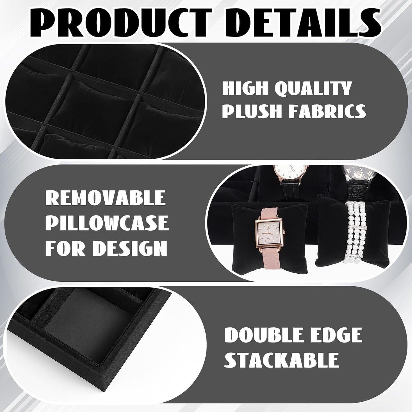 2 Pieces Velvet Watch Tray, 12 Grid Jewelry Organizer, Stackable Watch Bracelet Bangle Display Holder, Stackable Jewelry Tray, Adjustable Pillow, Stylish and Organized Multifunctional Tray(Black)