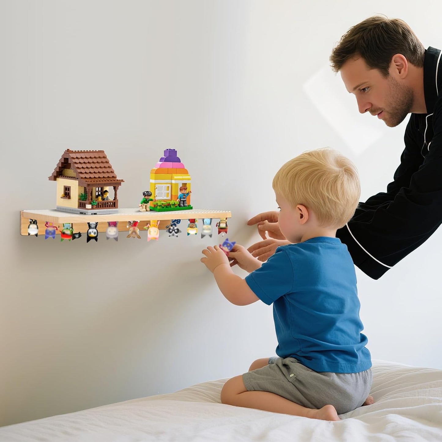 Shelves for Tonies Figures and Legos Building Bricks, 2 in 1 Display Case Magnetic Wooden Floating Shelves (Only Shelf) Compatible with Tonie Box Player Character for Children Room