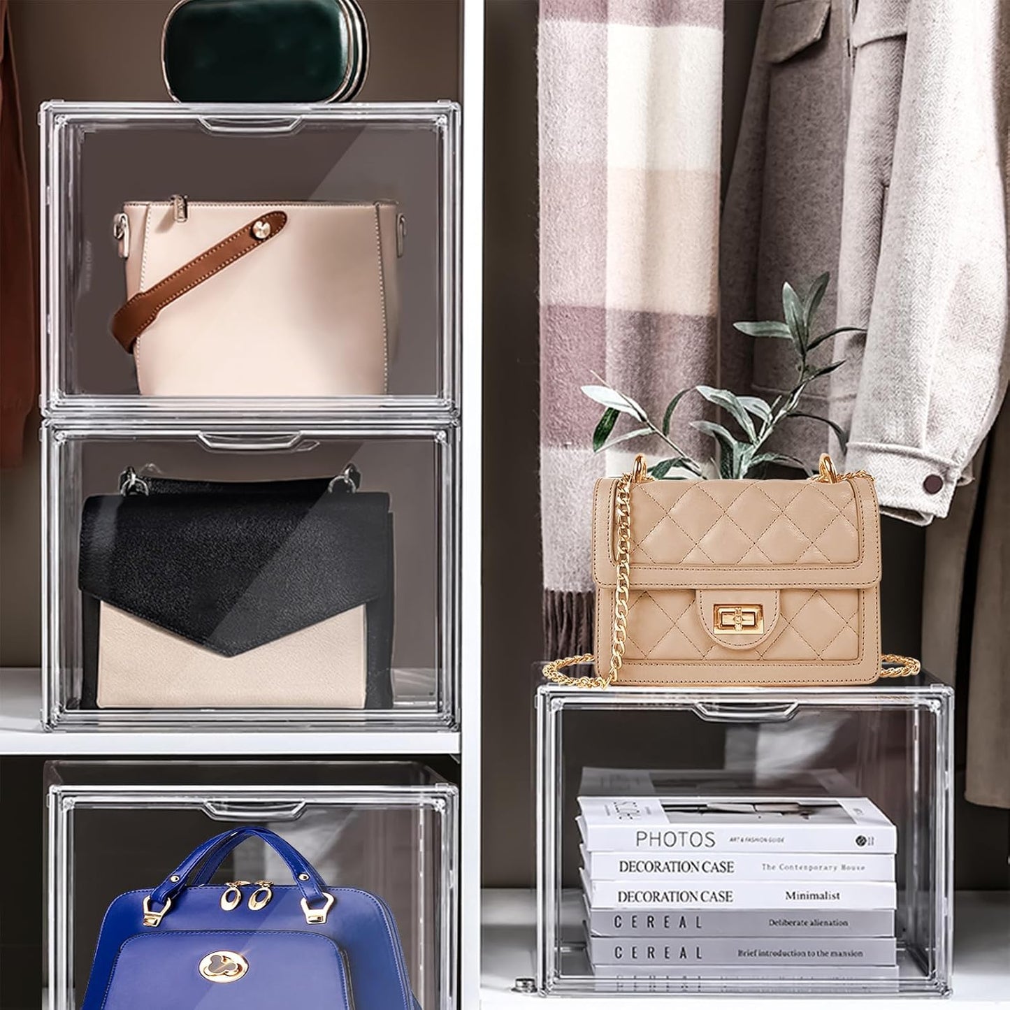 4 Packs Handbag Storage Organizer for Closet, ULENDIS Clear Acrylic Display Case for Purse and Handbag, Stackable Storage Organizer with Magnetic Door for Wallet Book Cosmetic Toys Display