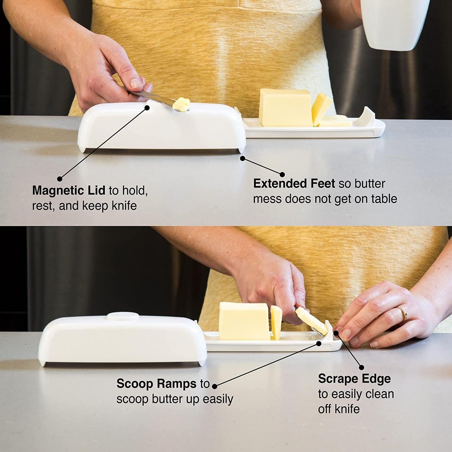Butter Hub Extra Large Butter Dish with Lid and Knife, European Size Magnetic Butter Keeper, Easy Scoop, No Mess Lid, Plastic, Dishwasher Safe (Black)