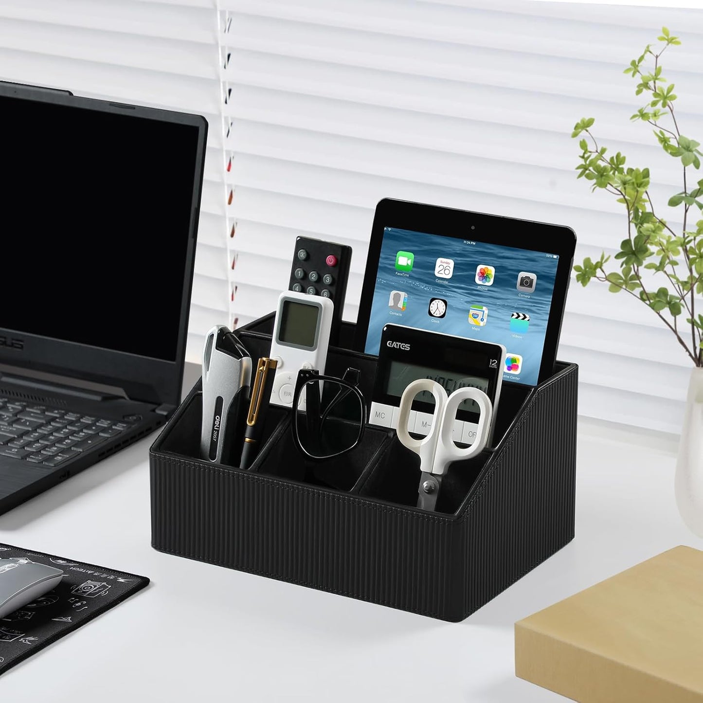 Remote Control Holder with 5 Compartments for Office Art Supplies, PU Leather Nightstand Organizer Pencil Pen Desk Caddy for Home, Desktop TV Remote Control Organizer Storage (Striped Black)