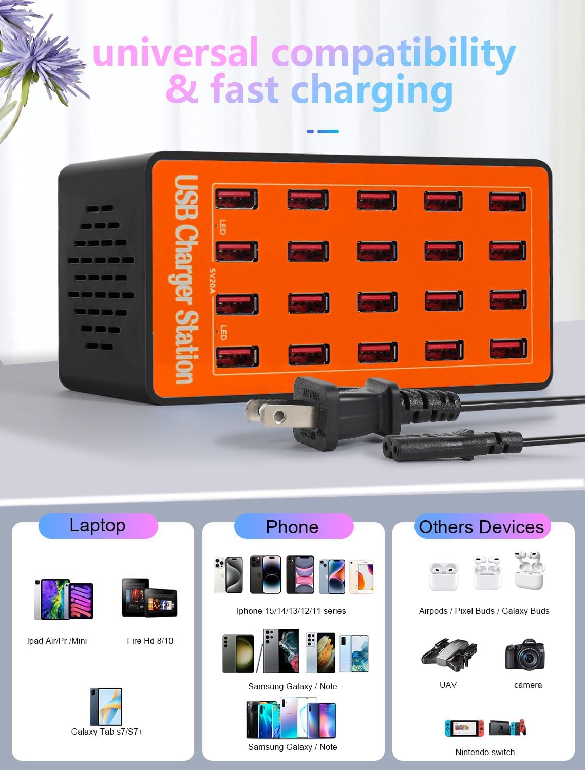 Charging Station, 100W20Port USB Charging Station, Multiple USB Charger Station, Charging Station for Multiple Devices, Multi USB Charging Station