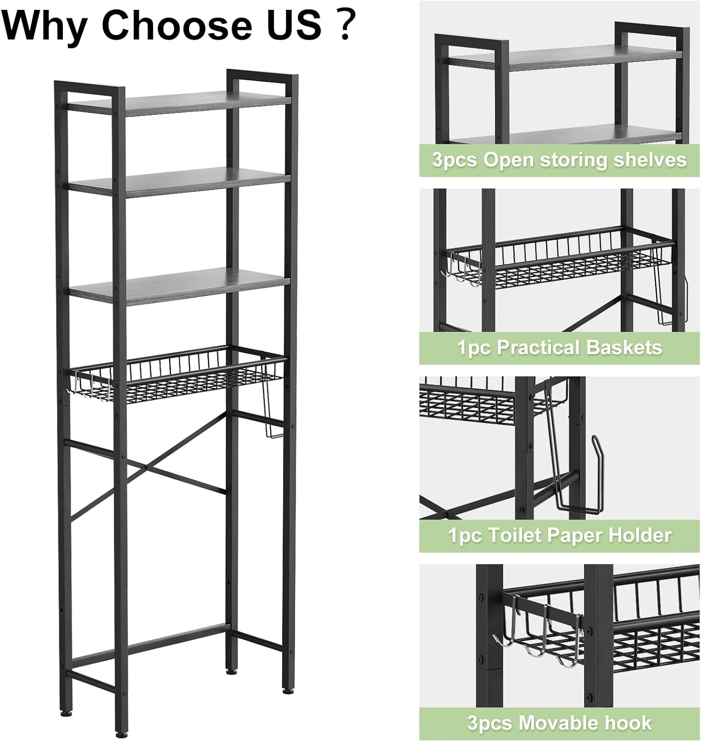 Over-The-Toilet Storage Rack, 4-Tier Bathroom Organizer Shelf Over Toilet with Adjustable Shelf and Basket, Freestanding Space Saver Bathroom Shelves Above Toilet for Room (Pure Gray)