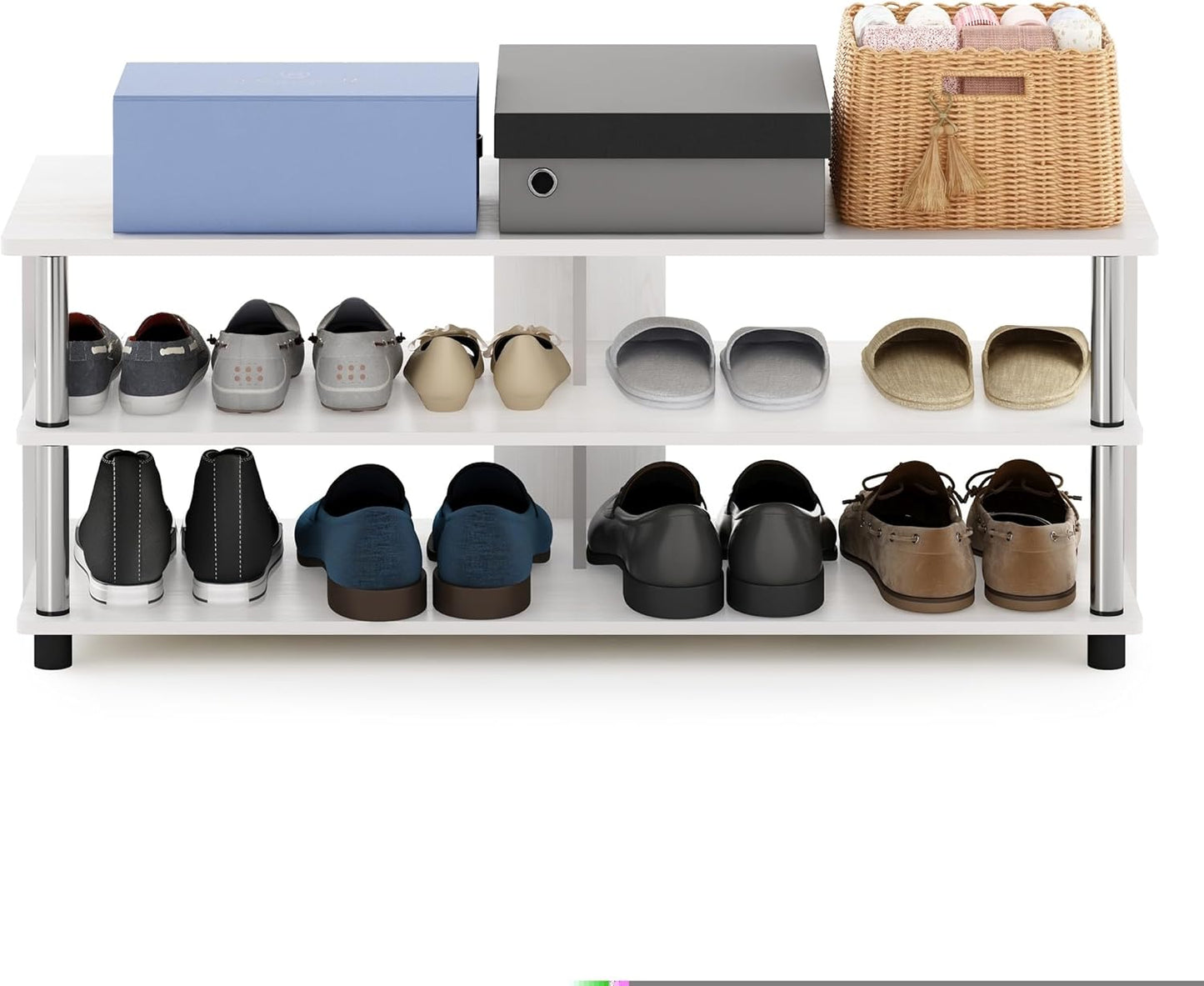 Furinno Turn-N-Tube Shoe Rack, 3-Tier Shoe Organizer, Compact Shoe Storage with Open Shelves and Stainless Steel Tubes, 15.5 x 41.1 x 15.8, for Closet Entryway, Office, Garage, White Oak