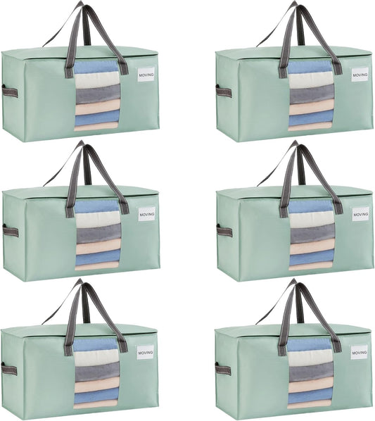 VENO 6 Pack Moving Bags, Comforter and Blanket Storage Bags for Closet, Moving Boxes, Boxes with Lids Alternative, College Dorm Packing Supplies, Foldable Heavy-Duty Tote (Light Green Matte, 6 Pack)