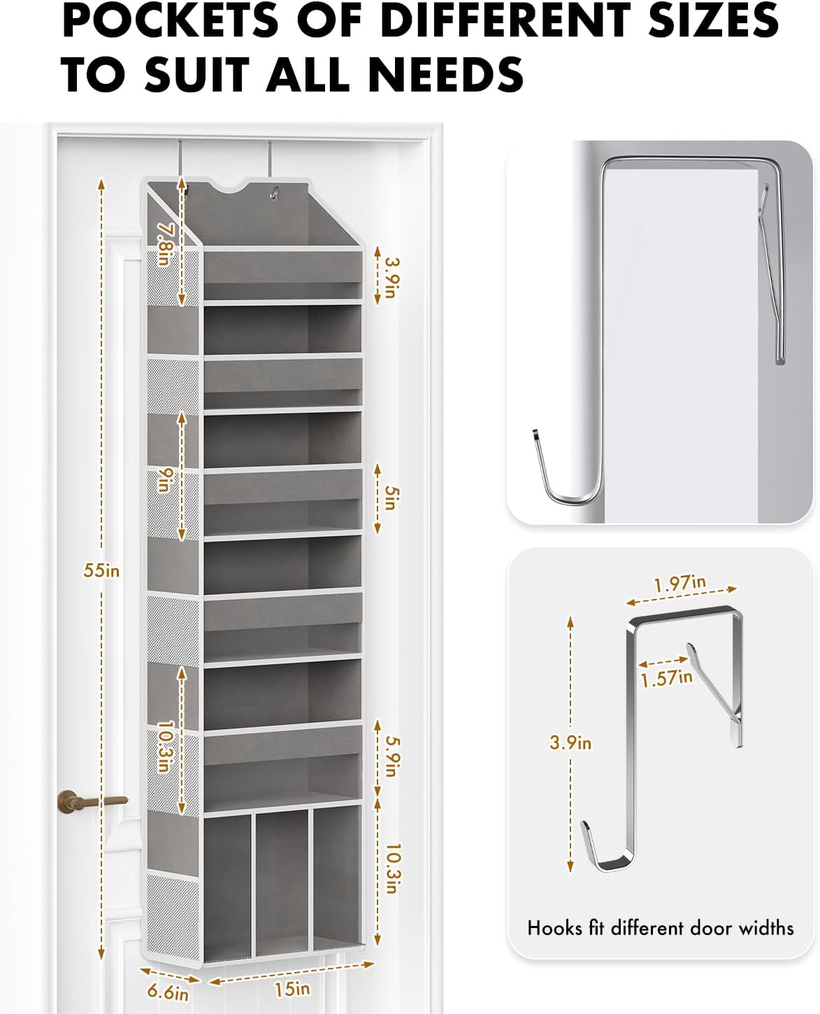 Over The Door Organizer Hanging 6-Shelf Storage Organizer with 50lb Heavy Duty Perfect for Bathroom Closet Nursery Bedroom (Grey,1 Pack)