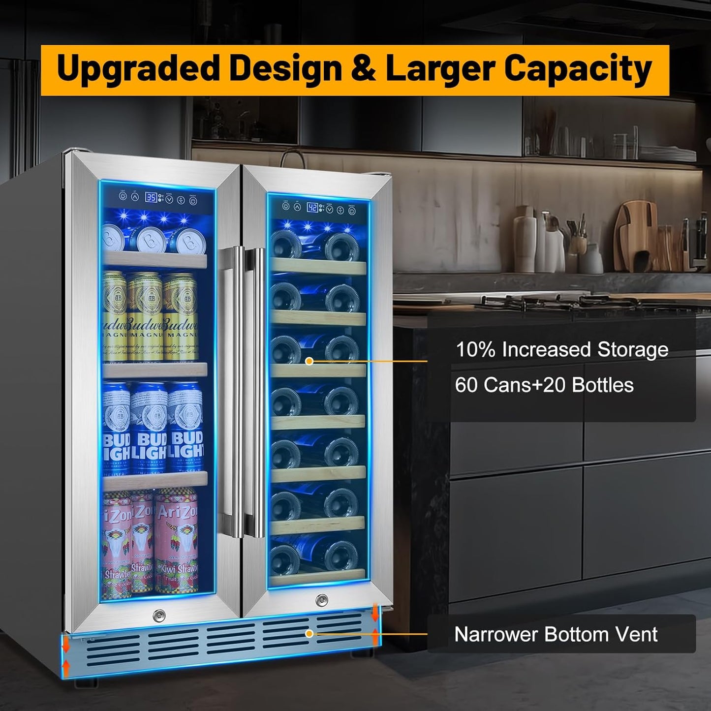 Wine and Beverage Refrigerator, 24 Inch Beverage Cooler Dual Zone with Glass Door, Built-in/Freestanding Beverage Fridge with Upgraded 20 Bottles and 90 Cans Large Capacity