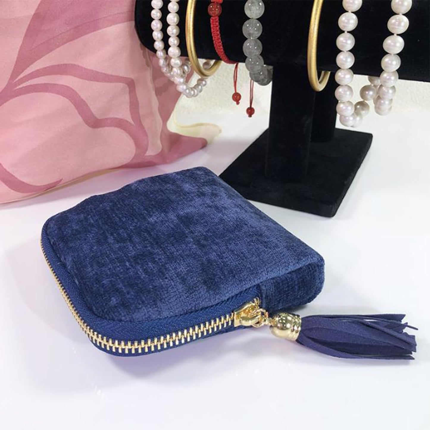Travel Jewelry Case, Portable Jewelry Storage Bag, Compact Foldable Five Compartments Organizer Pouch with Zipper & Tassel for Earring Necklace Ring Bracelet (White)