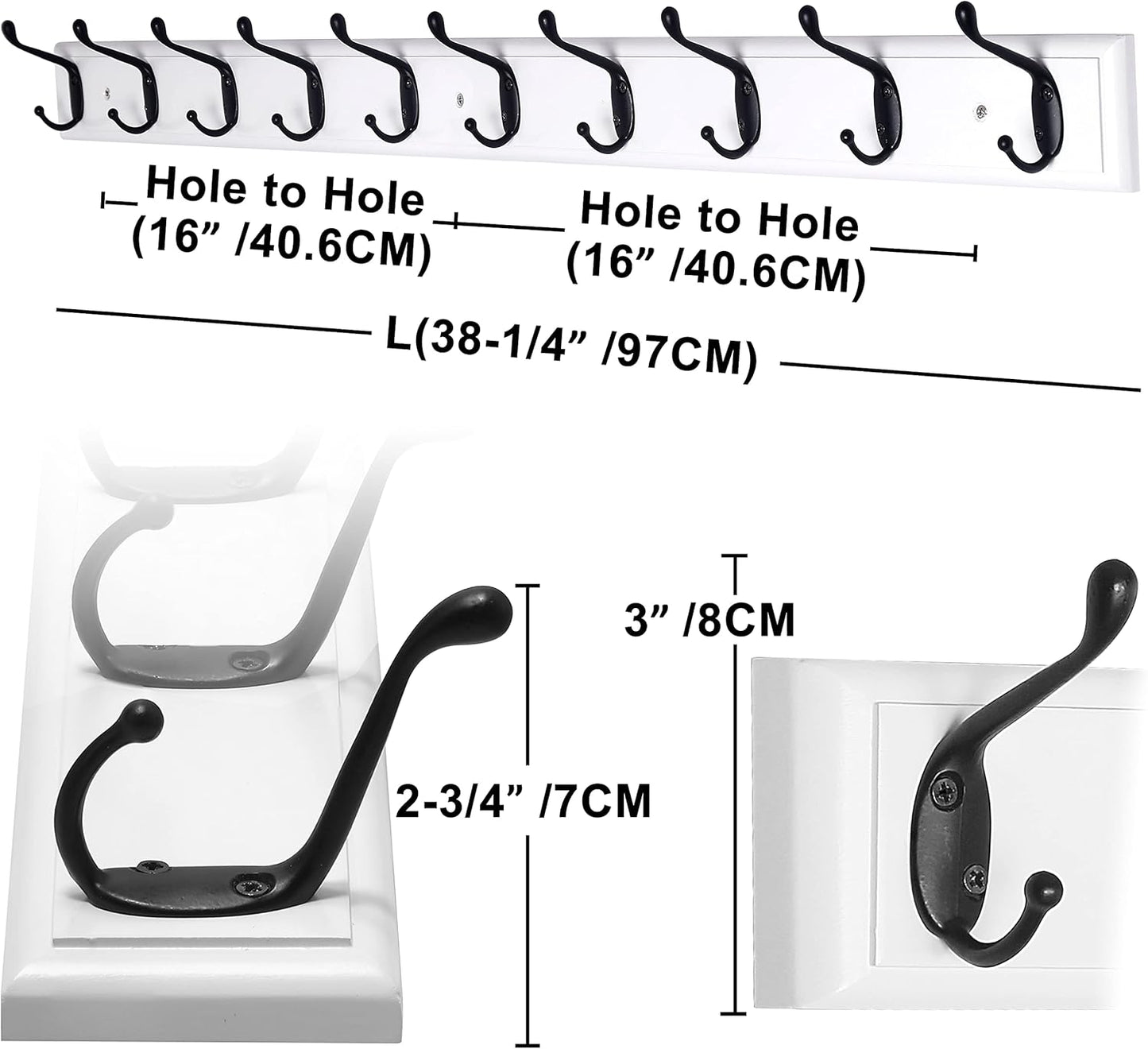 Dseap Coat Rack Wall Mounted: 10-Hooks, 16" Hole to Hole, 38-1/4" Long, Wood Coat Hooks Wall Mounted, Hook Rack, Hook Rail, Hooks for Hanging Coats, White & Black