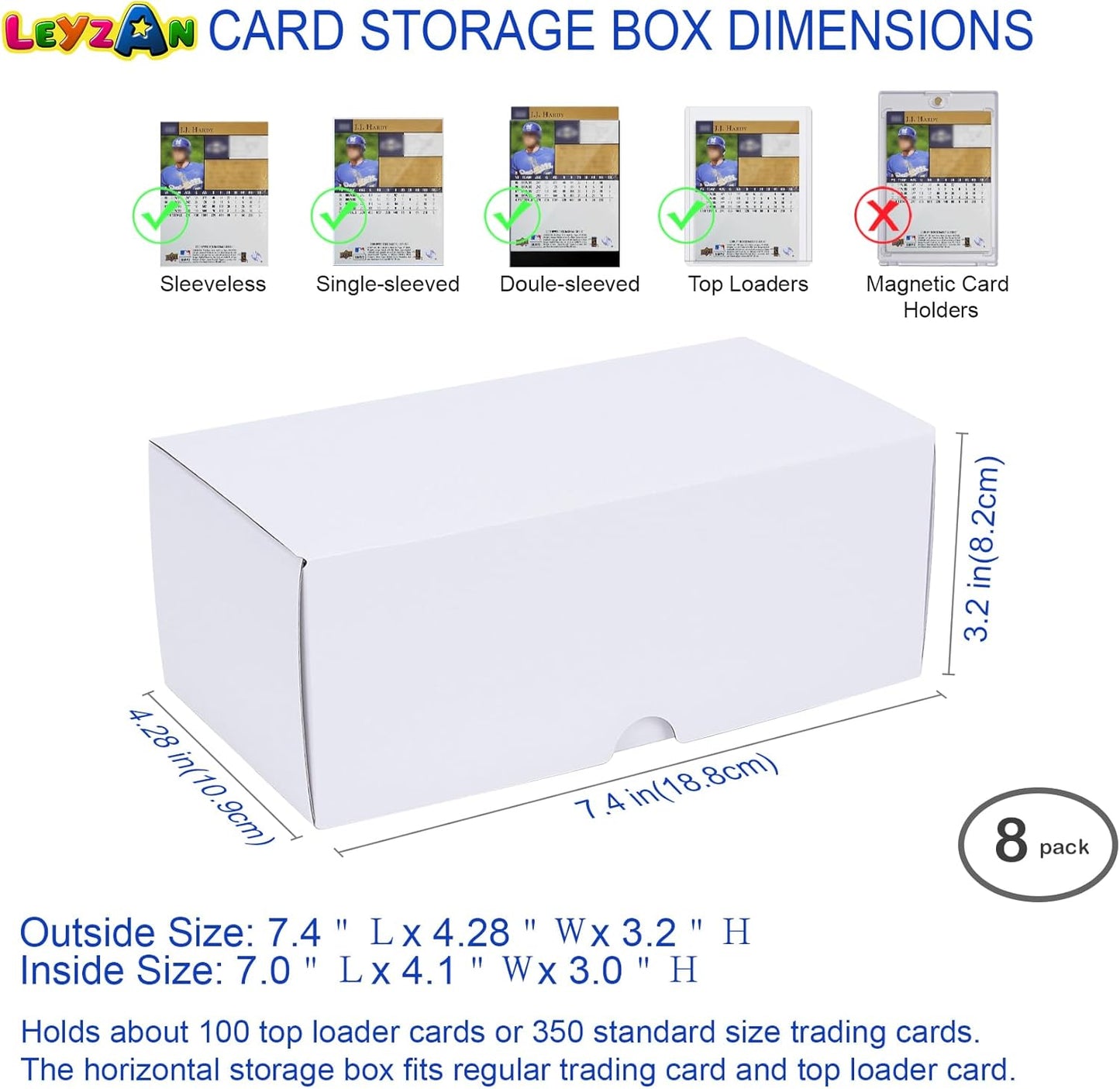 Toploader Storage Box, 8-Pack•100 Count Corrugated Cardboard Trading Card Top Loaders with Dividers & Labels for TCG/Magic/Mtg Organizer and Collection