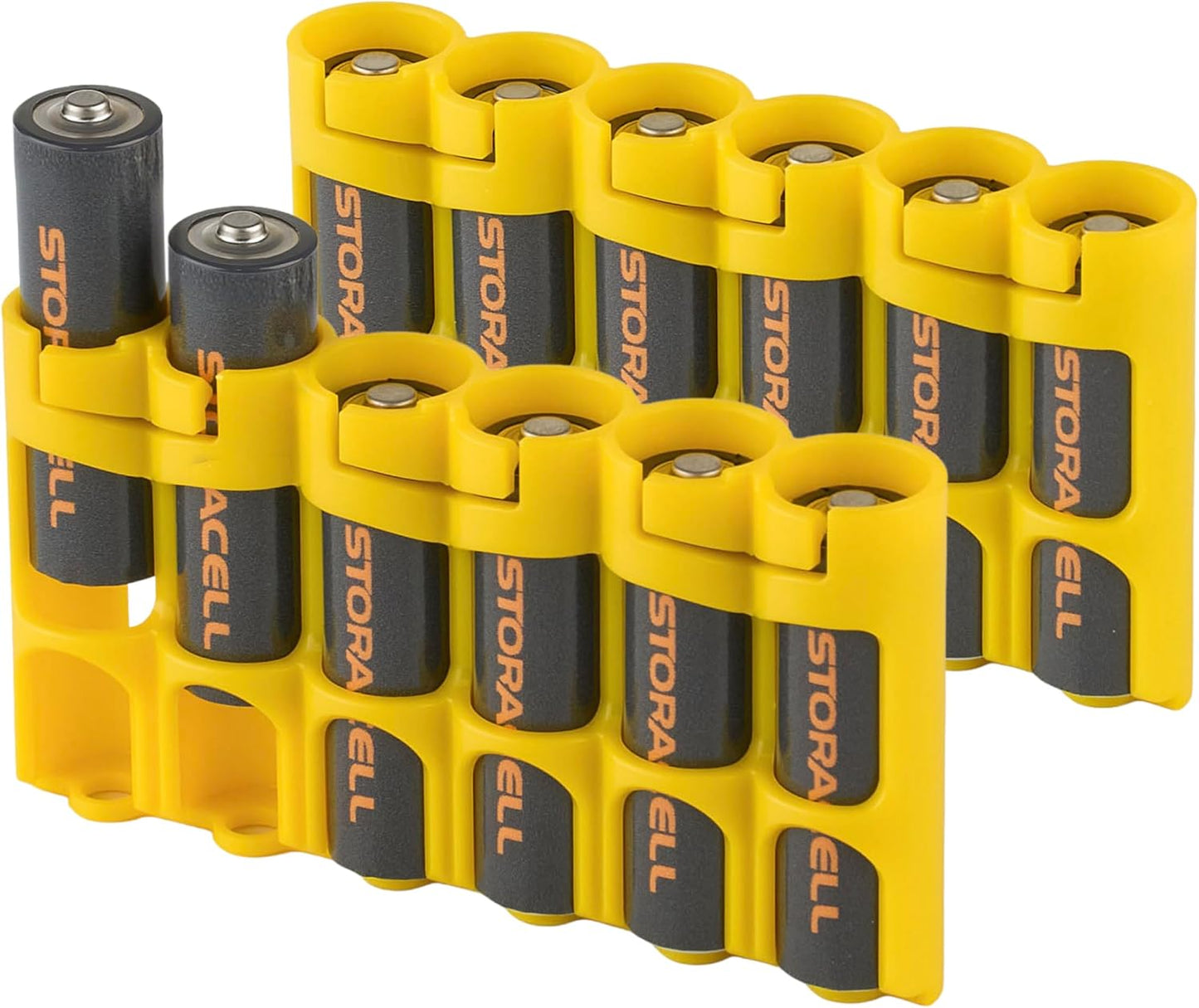 Storacell Slimline AA-6 Battery Storage Caddy and Dispenser (Pack of 2), Yellow, Holds 6 AA Batteries (Not Included), Durable & Compact Design, The Original Battery Caddy, Made in The USA