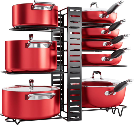 MUDEELA 8-Tier Pots and Pans Organizer under Cabinet, 16.61" Height Light Duty Pot and Pan Organizer Kitchen Cabinet Organization and Storage, Adjustable Pot Rack with 3 DIY Methods for Lids, Bakeware