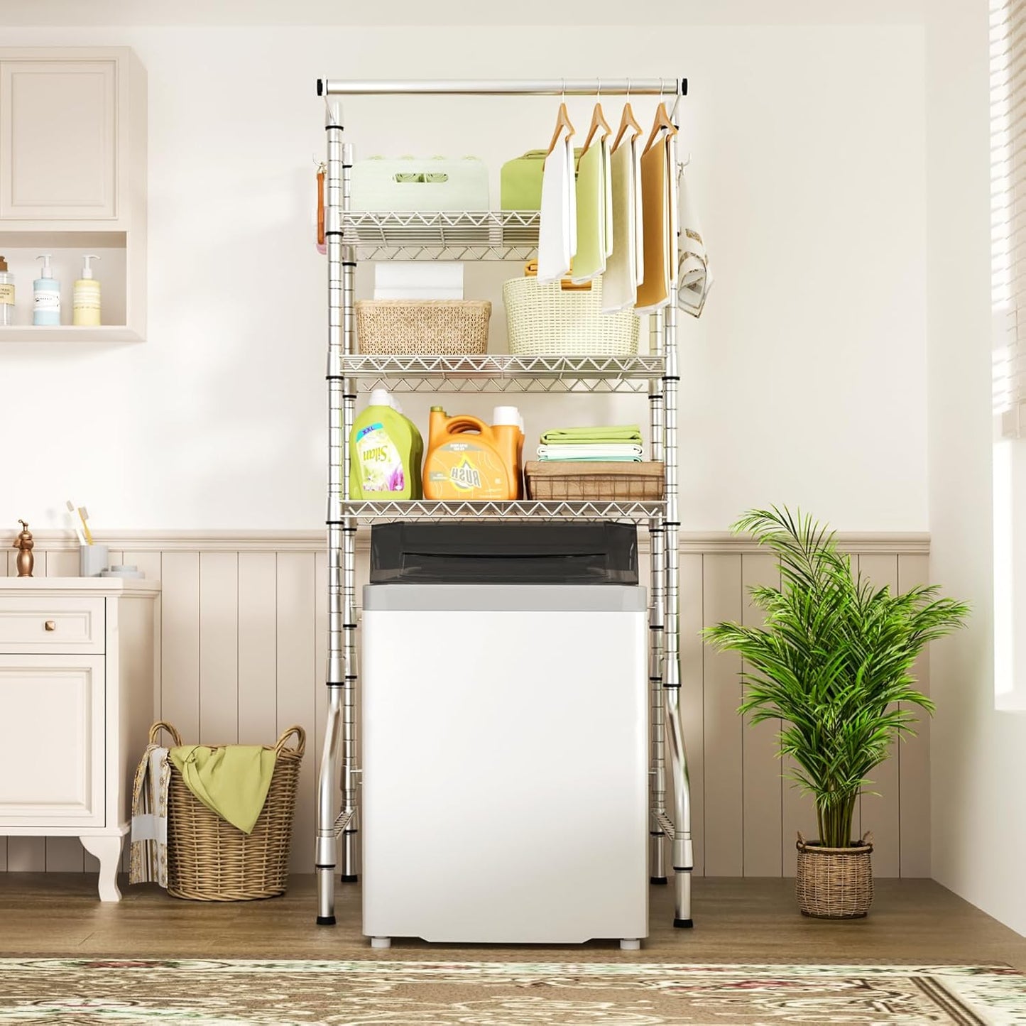Ulif U11 Medium Over Washer and Dryer Shelves, 3 Tiers Laundry Room Storage and Organizer Standing Shelf, Metal Freestanding Clothes Drying Rack, 31.1" W x 19.7" D x 77.6" H, Chrome