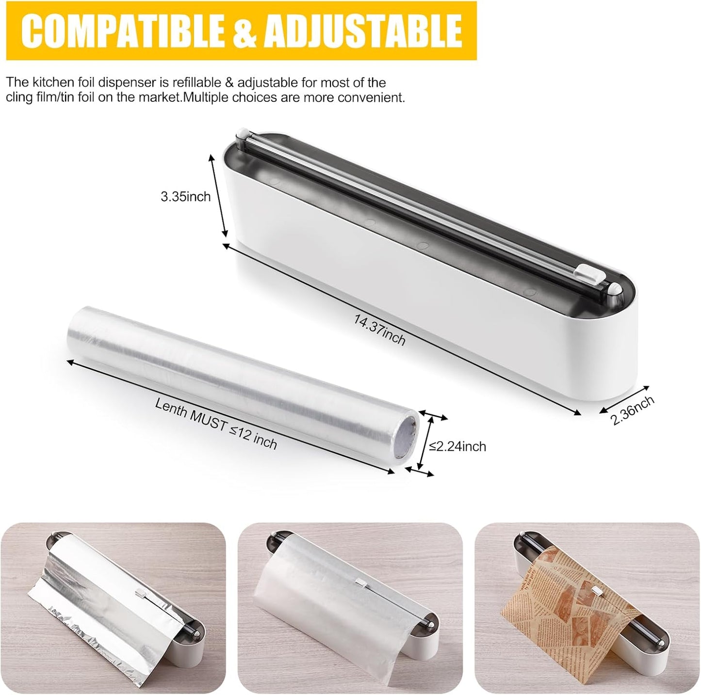 Aluminum Foil & Plastic Wrap Dispenser with Slide Cutter - Magnetic & No-Drill Wall Mount, Cling Film Dispenser for Worktops & Cabinets, Space-Saving Kitchen Organizer - Fits 12" Rolls, Black