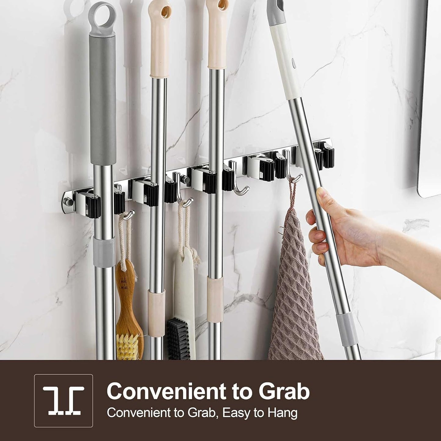 2 Pack Wall Mount, Stainless Steel Broom Hanger, Heavy Duty Mop and Broom Holder Tool Racks Utility Hooks for Laundry Room Garden Garage, Grey (4 Racks and 5 Hooks)
