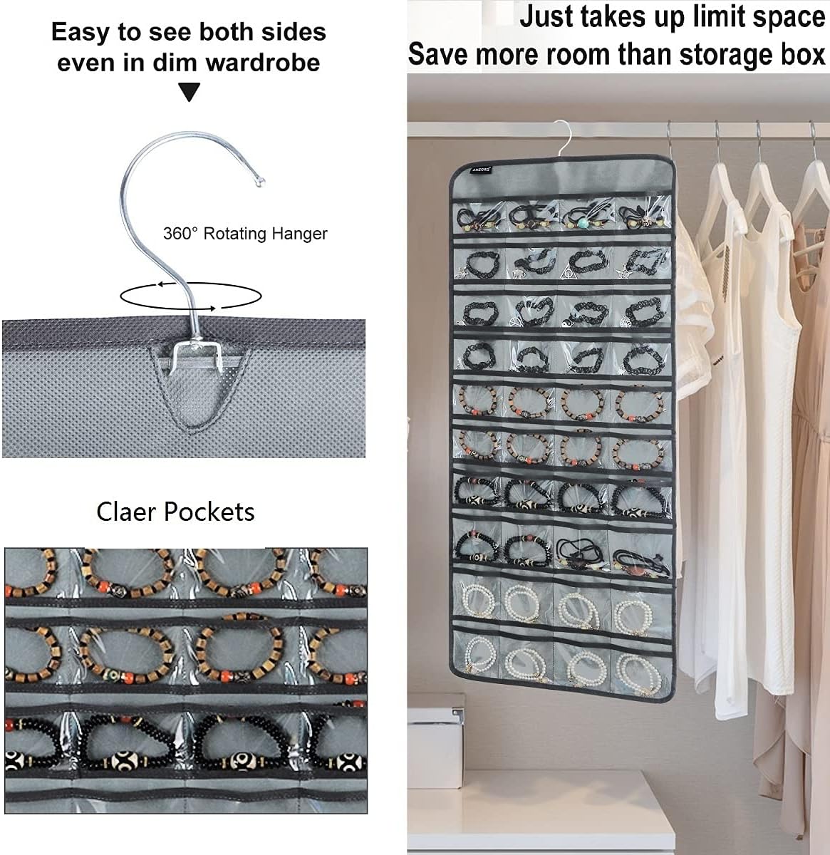 80 Pockets Hanging Jewelry Organizer for Holding Jewelries Dual-Sided Accessory Display Holder for Earrings Bracelets Rings (80 Pockets-Grey)