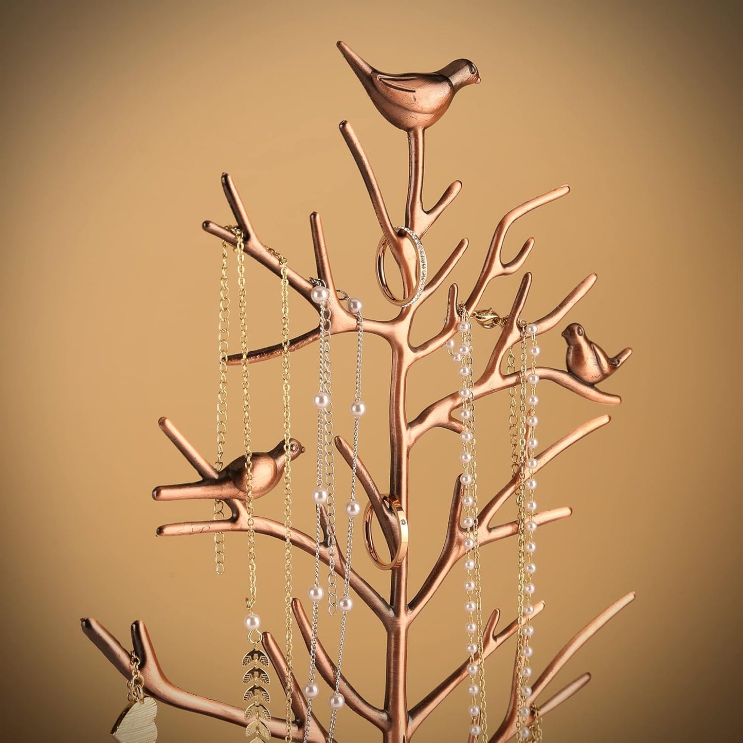 MORE&LESS Branch Jewelry Rack with wood tray,Retro color,Tree Tower Rack Hanging Organizer for Ring Earrings Necklace Bracelet,Suitable for living rooms, bathrooms,offices,etc.