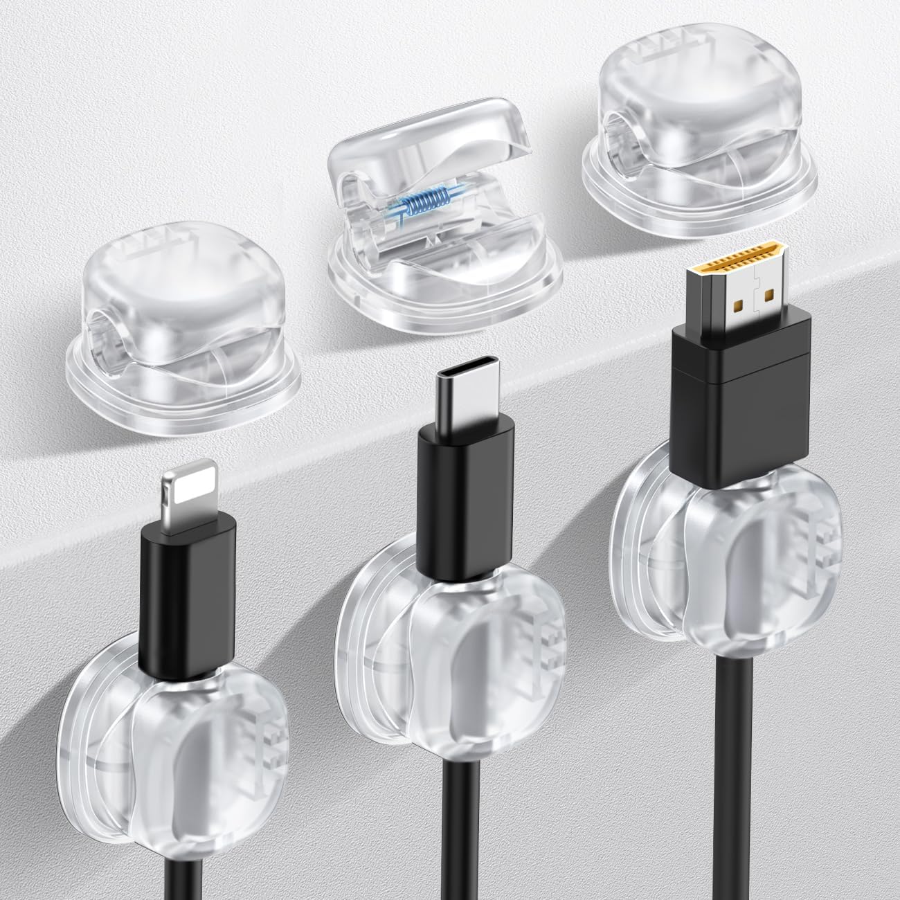 AhaStyle Spring Cable Organizer [1s Lock] 6 Pack Cord Cable Holders Clips Strong Adhesive Cable Cord Keeper [Smooth Adjustable] Hide Wire Cord Organizer for Nightstand Kitchen Car Office (Transparent)