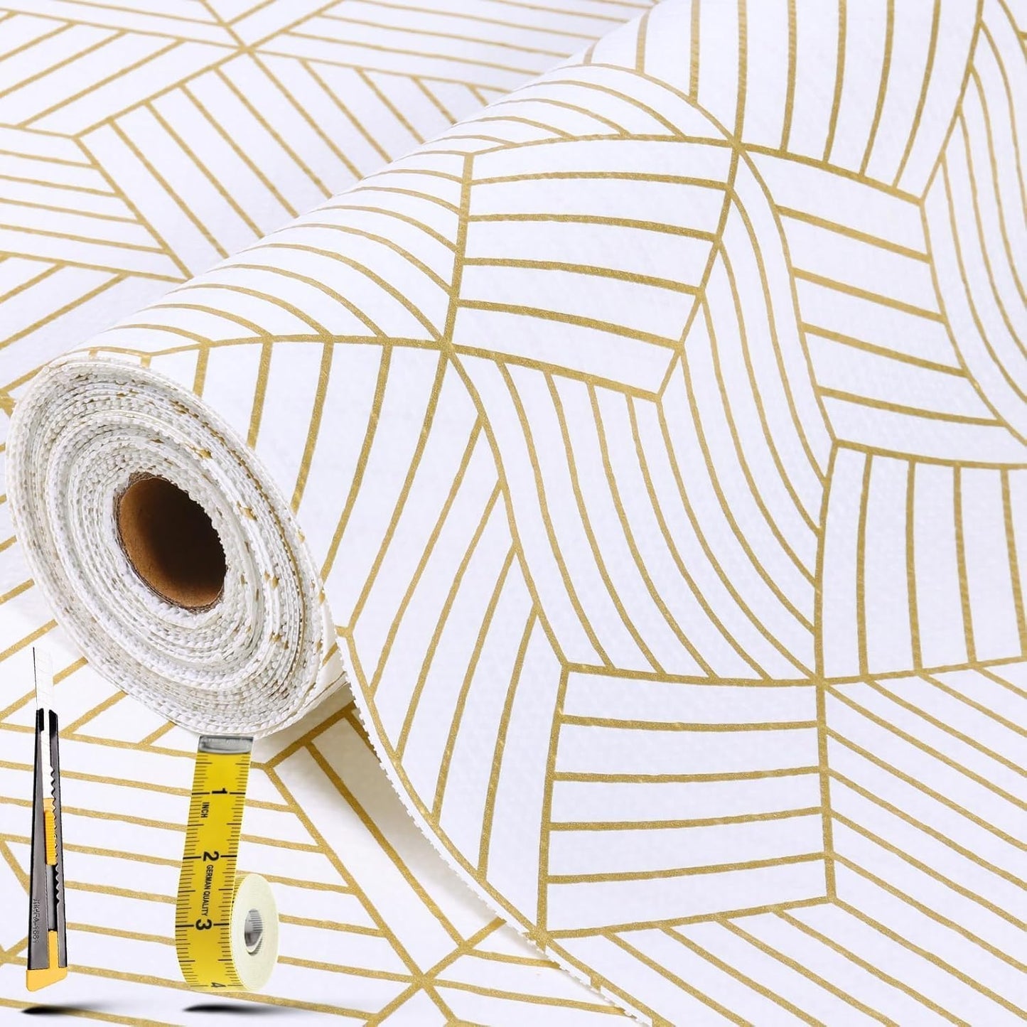 Shelf Liners for Kitchen Cabinets 23.6in x 40FT, Non Adhesive Cabinet Liner Strong Non-Slip Thickened Gold Geometric Drawer Liner, Easy to Clean for Shelf, Cabinet with Knife and Tape Measure