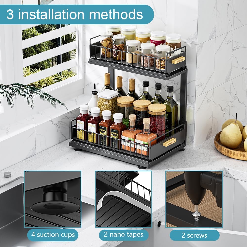 Under Sink Organizer Kitchen, 2 Tier Under Sink Organizers and Storage, Pull out Cabinet Organizer Shelf, Metal Drawer for Kitchen Bathroom Pantry Cabinet Closet Organization Rack, Black, 1 Pack