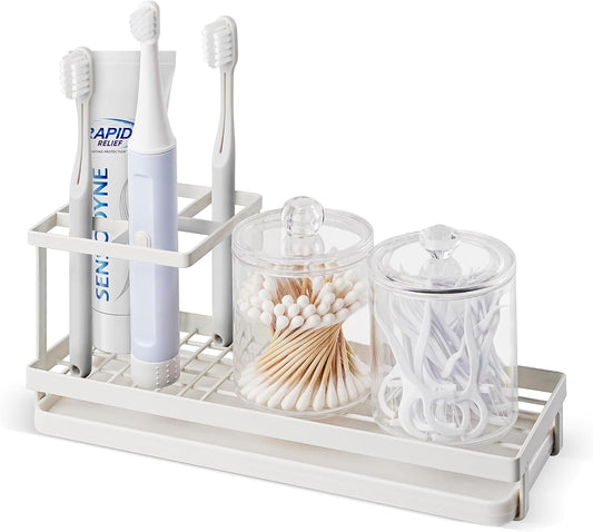 MYITYARD Toothbrush Holders for Bathrooms, 4 Slots Rustproof Metal Tooth Brushing Organizer with Drainage, Electric Tooth Brush Toothpaste Holder for Bathroom Countertop, White