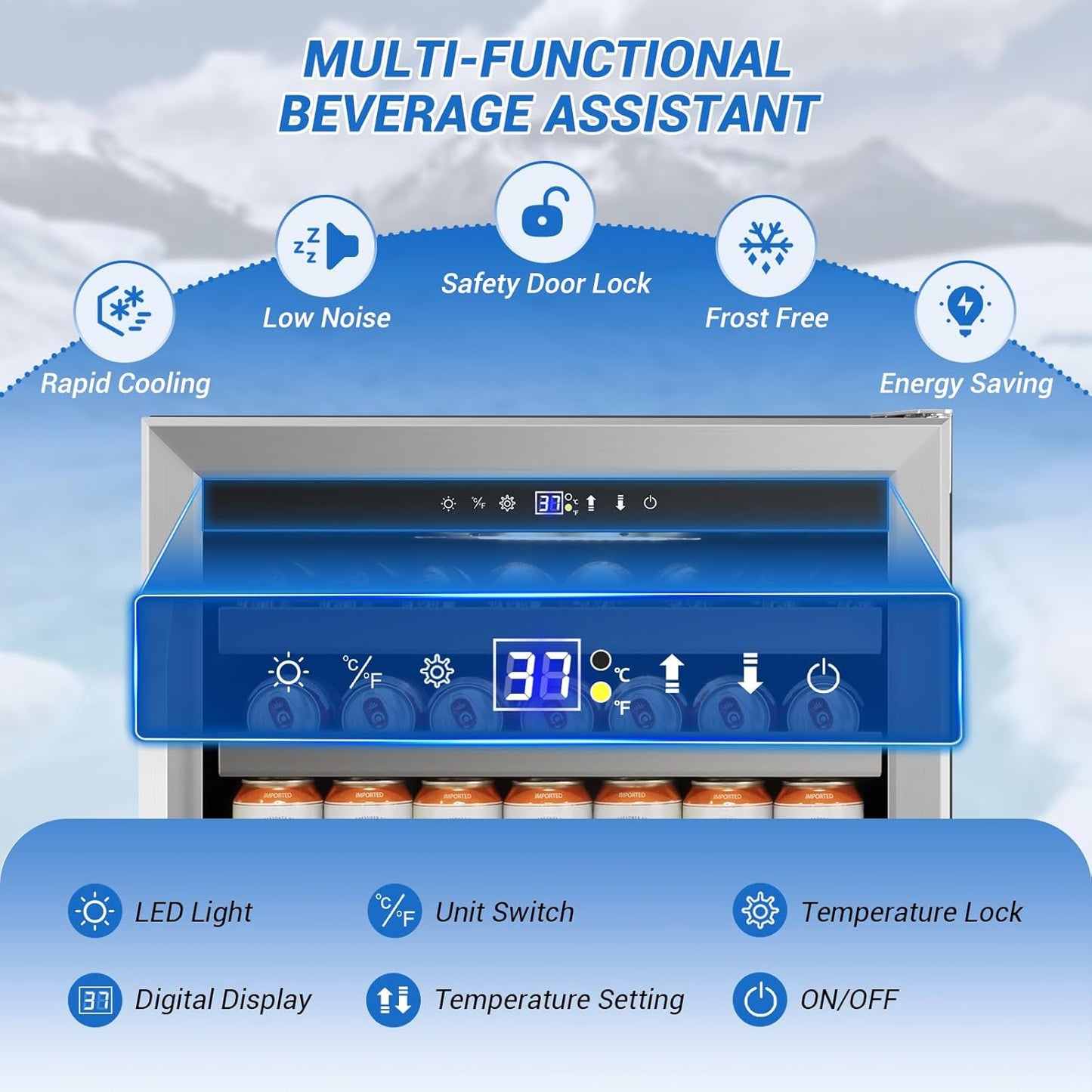 24" Beverage Refrigerator Undercounter | 180 Can Capacity | Built-In Undercounter Cooler | Glass Door for Soda, Water, Beer | Home, Bar, or Office Use