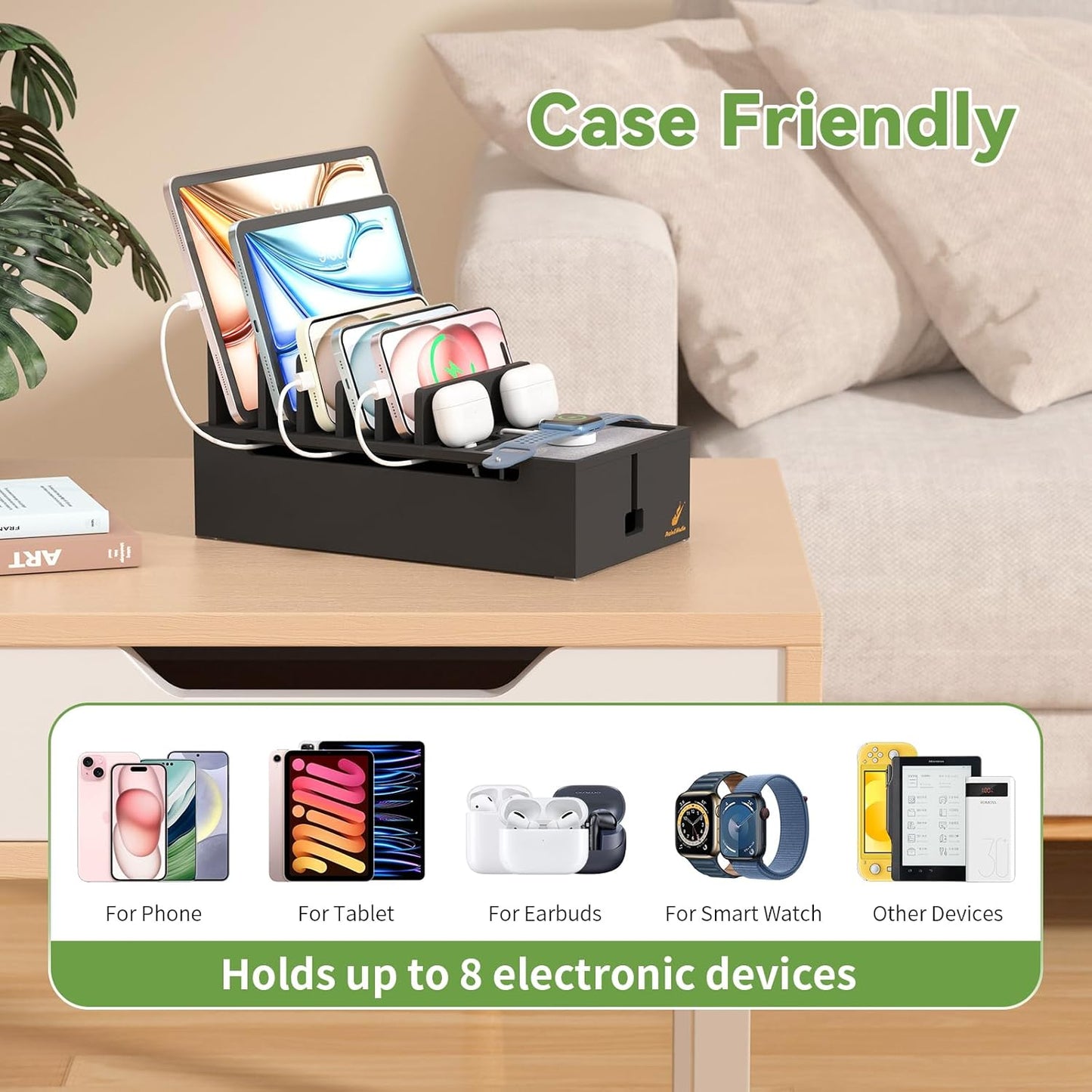 Pezin & Hulin Multi Charger Station Organizer, 5-Port USB Charger Dock with 6 Cables, Cable Management Box, Cord Organizer for Desk, Wire Organizers and Storage for Cords and Power Strip -Black
