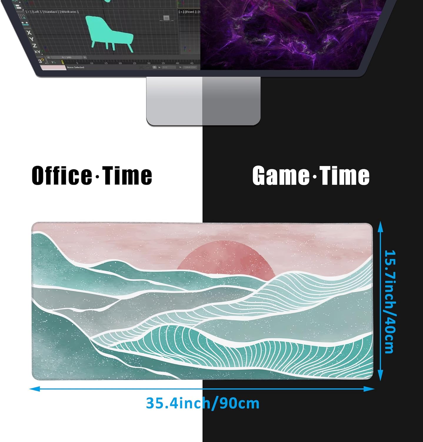 Ocean Wave and Mountain Large Gaming Mouse Pad,Waterproof Desk Mat for Desktop,Non-Slip Rubber Base Mousepad with Stitched Edges for Laptop Office and Home 35.4X15.7 Inch