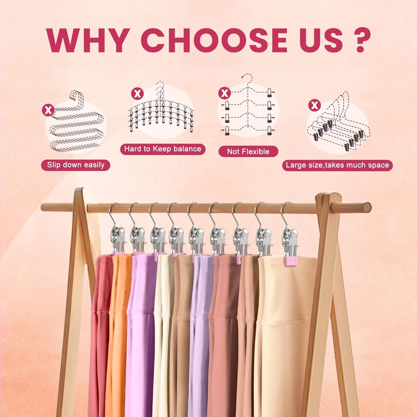 30 Pack Pants Hangers with Clip,Legging Organizer for Closet Hanging, Space Saving Yoga Pants Hangers Clip Hanger Wardrobe Organization,Closet Organizers and Storage for Jeans,Shorts,Skirts,Hats-Pink
