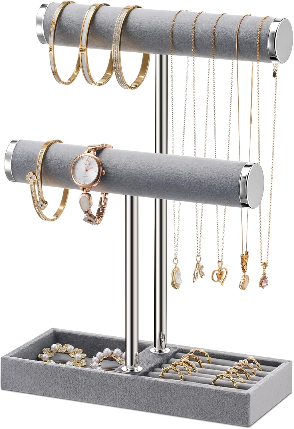 2 Tier Bracelet Holder Display - Detachable T Bar Grey Velvet Bracelet Holder, Jewelry Holder Organizer for Bracelet, Necklace, Earrings, Rings