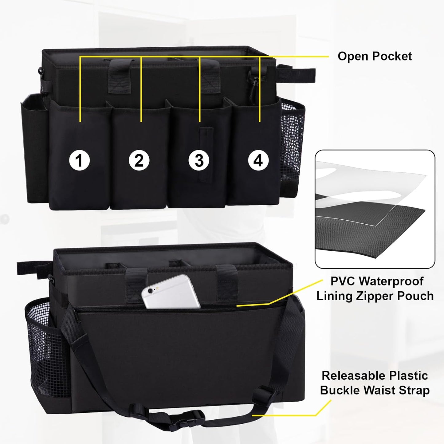 Wearable Large Cleaning Caddy Bag for Housekeeper, Clean Supply Organizer with Adjustable Shoulder, Waist & Handle Straps, Detailing Bag for Kitchen Supplies (Black)