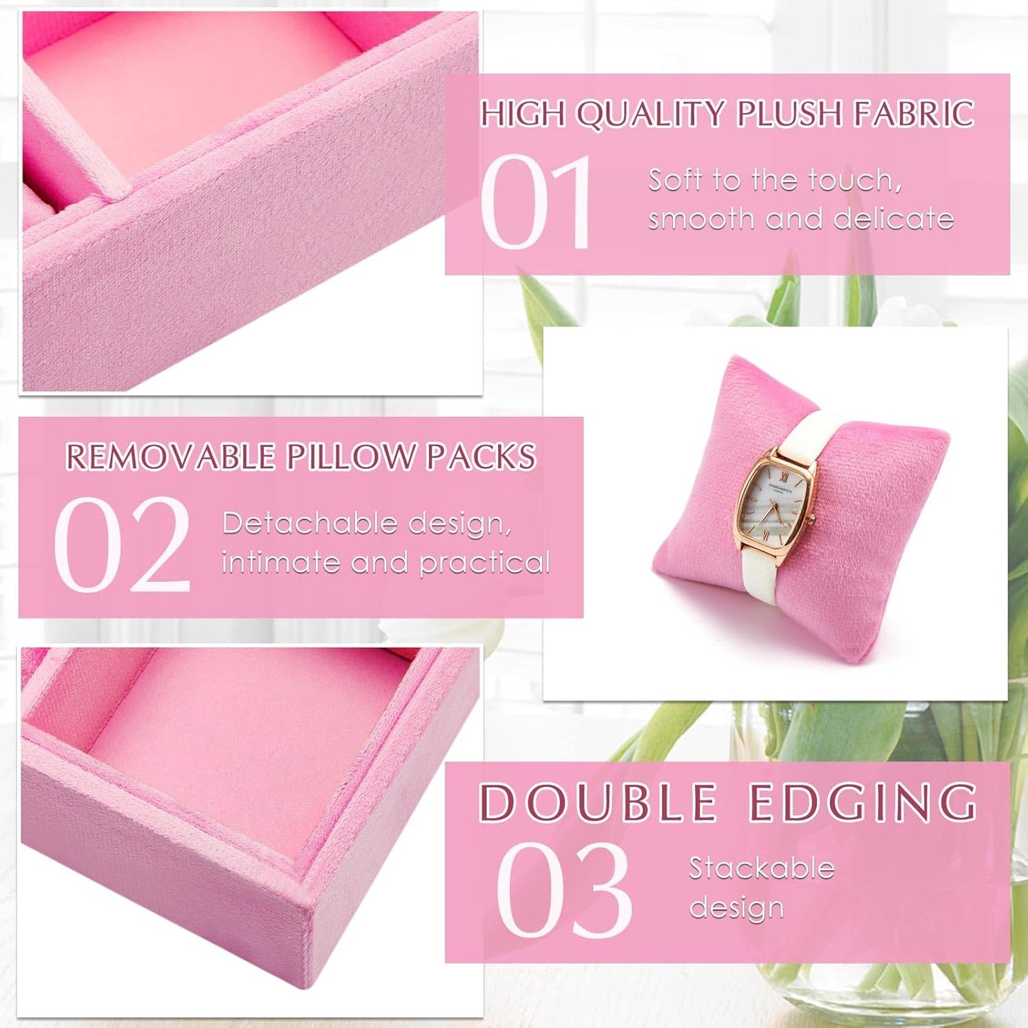 Henoyso 2 Pieces 12 Grid Velvet Watch Tray Jewelry Organizer Stackable Watch Bracelet Bangle Display Holder Adjustable Pillow(Pink)