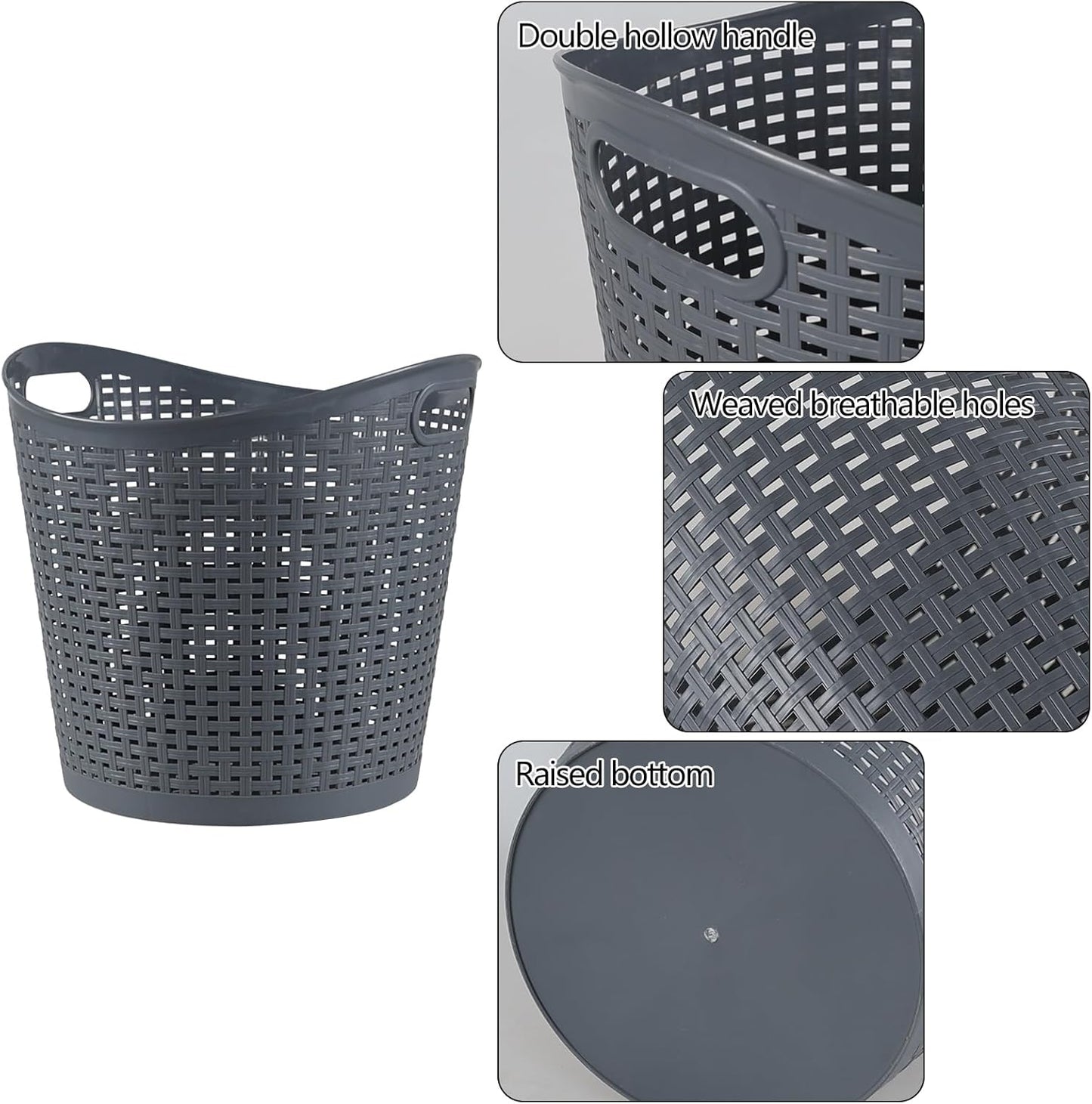 6 Packs 30 Liter Round Plastic Laundry Baskets, Grey Clothes Hamper, Large Basket for Storage