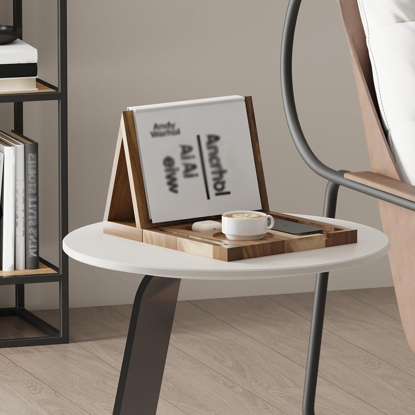 Wooden Triangle Book Stand Holder for Page Rest, Acacia Foldable Nook Reading Valet with Cup,Pen, Glasses and Phone Holder for Bedroom Nightstand Office,Book Lover Gifts for Readers (Acacia)