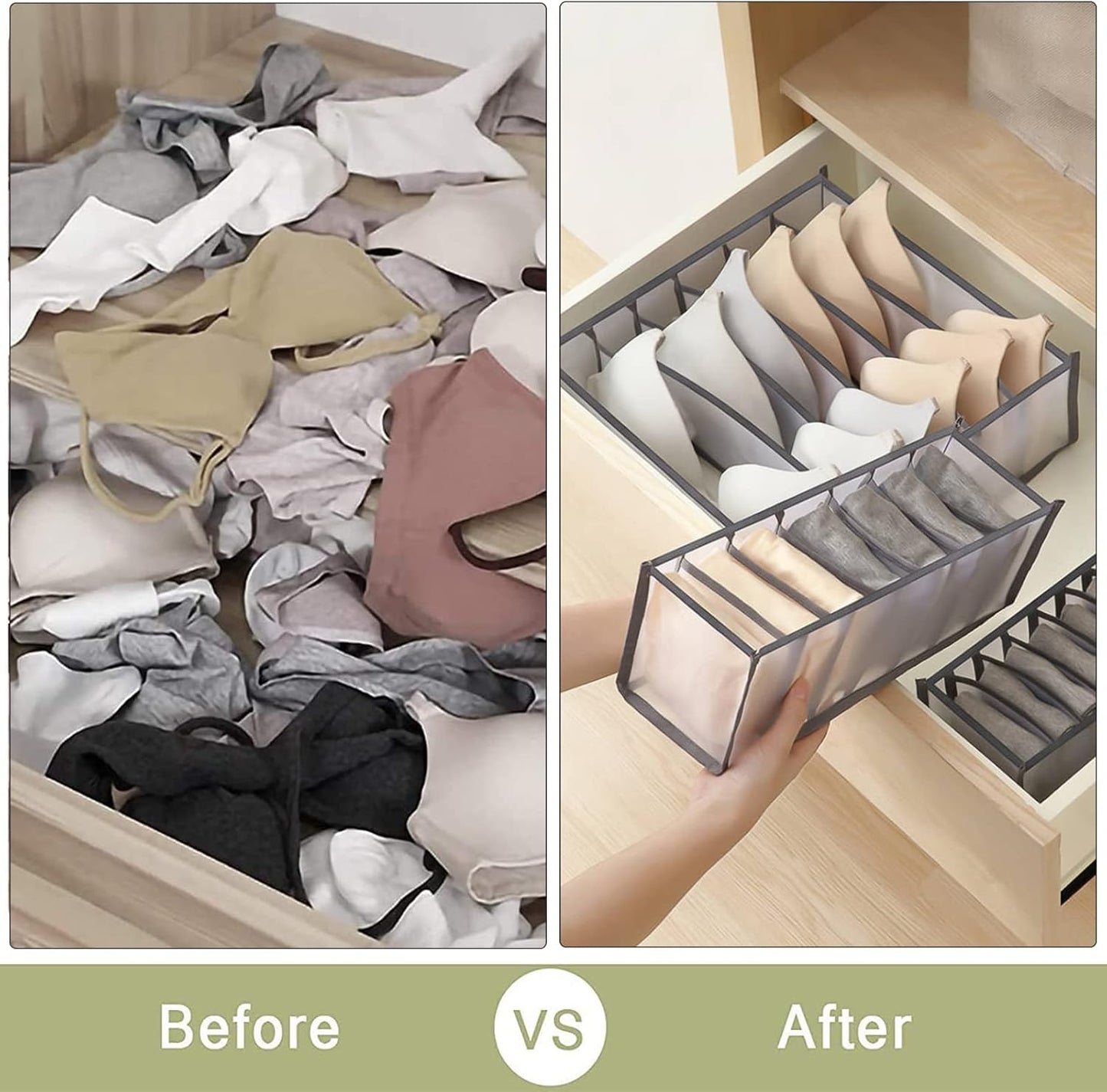 TOOVREN Bra Drawer Organizers, Underwear Wardrobe Organizers Divider, Lingerie Storage Bins, Closet Organizers and Storage Boxes, Foldable Closet Storage Box for Underwear Bra Socks (6 Grids,2 Pack)