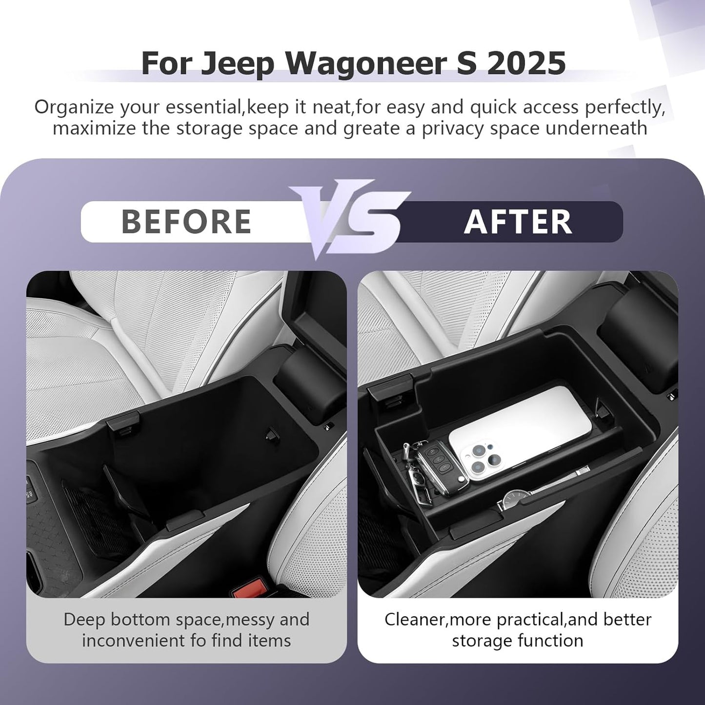 LUWU 2025 Wagoneer S Center Console Organizer for 2025 J eep Wagoneer S Accessories Armrest Console Storage Box Insert Tray ABS Material Black-Trim
