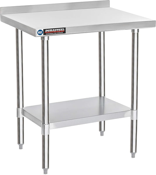 DuraSteel NSF Commercial Kitchen Table - 24 x 30 Inch Cooking Prep Stainless Steel Kitchen Island Workstation w/ Adjustable Under Shelf - Heavy Metal Backsplash Workbench For Restaurant, Home, Garage