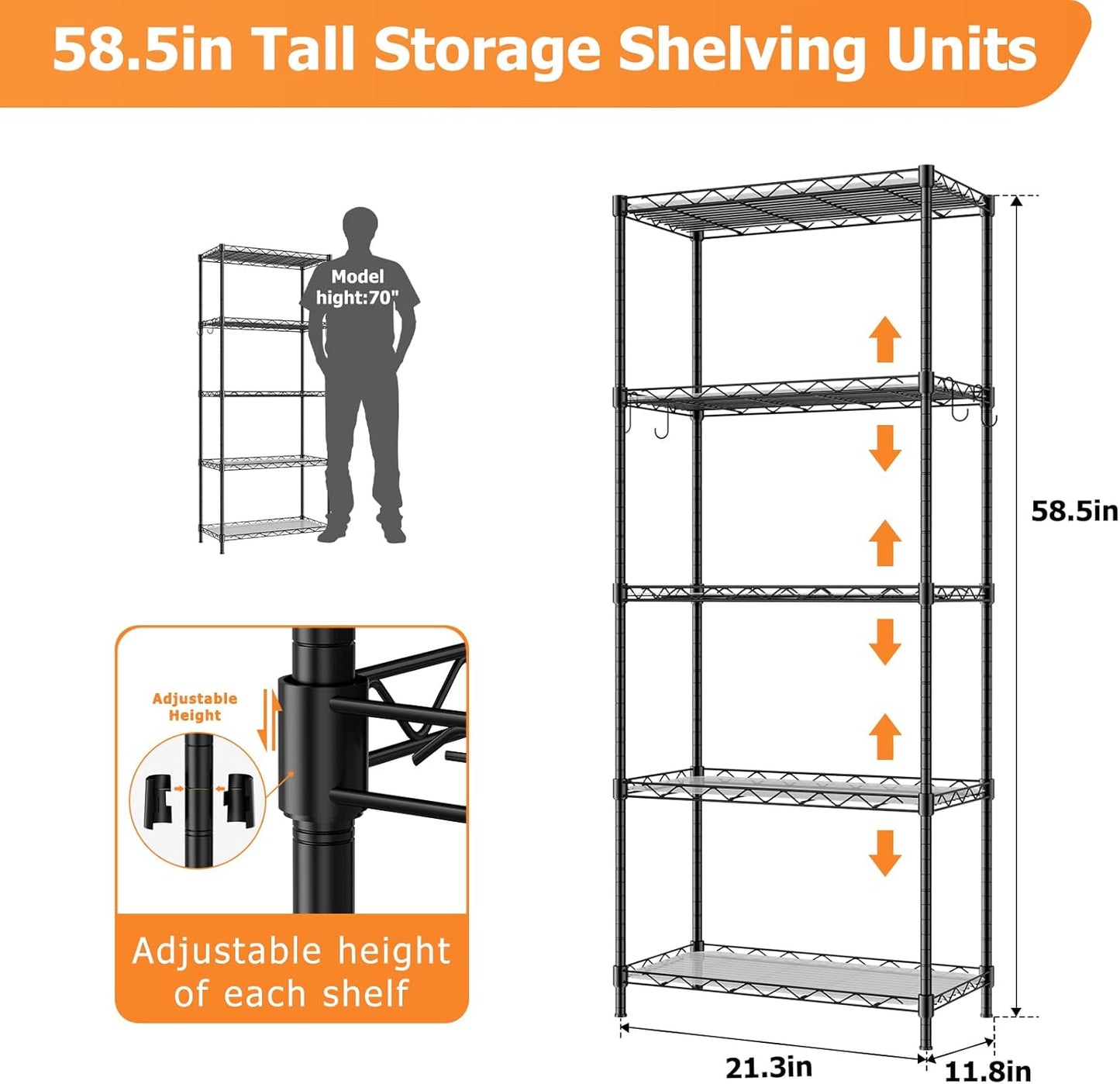 Storage Shelves,21.3" W x 11.8" D x 58.5" H Wire Shelving Unit Loads 550LBS,5-tier Adjustable Metal Utility Shelf,Garage Shelves with Liner and Hooks,Home Storage Rack for Kitchen,Laundry,Pantry