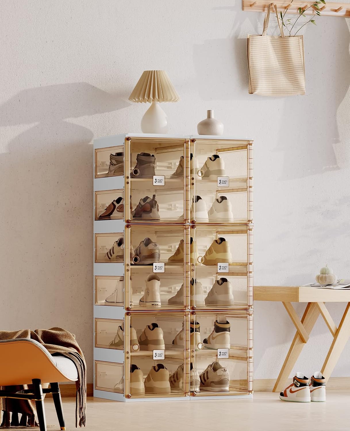ANTBOX Foldable Shoe Rack,Shoe Organizers for Closet Plastic Shoe Storage Box For Entryway,Living Room,Large Sturdy Stackable Sneaker Cabinet Bins With Magnetic Clear Door 6 Tiers 12 Pairs