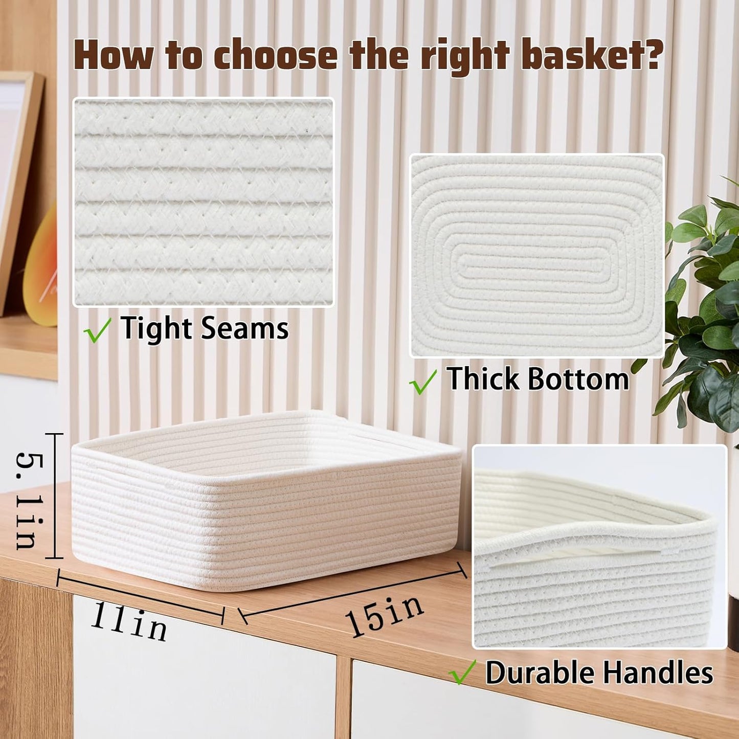 Large Shallow Organizing Baskets 15x11x5.1 Inches - Rope Woven Storage Bins for Bathroom, Shelves, Cube Closet, Off White 4 Packs
