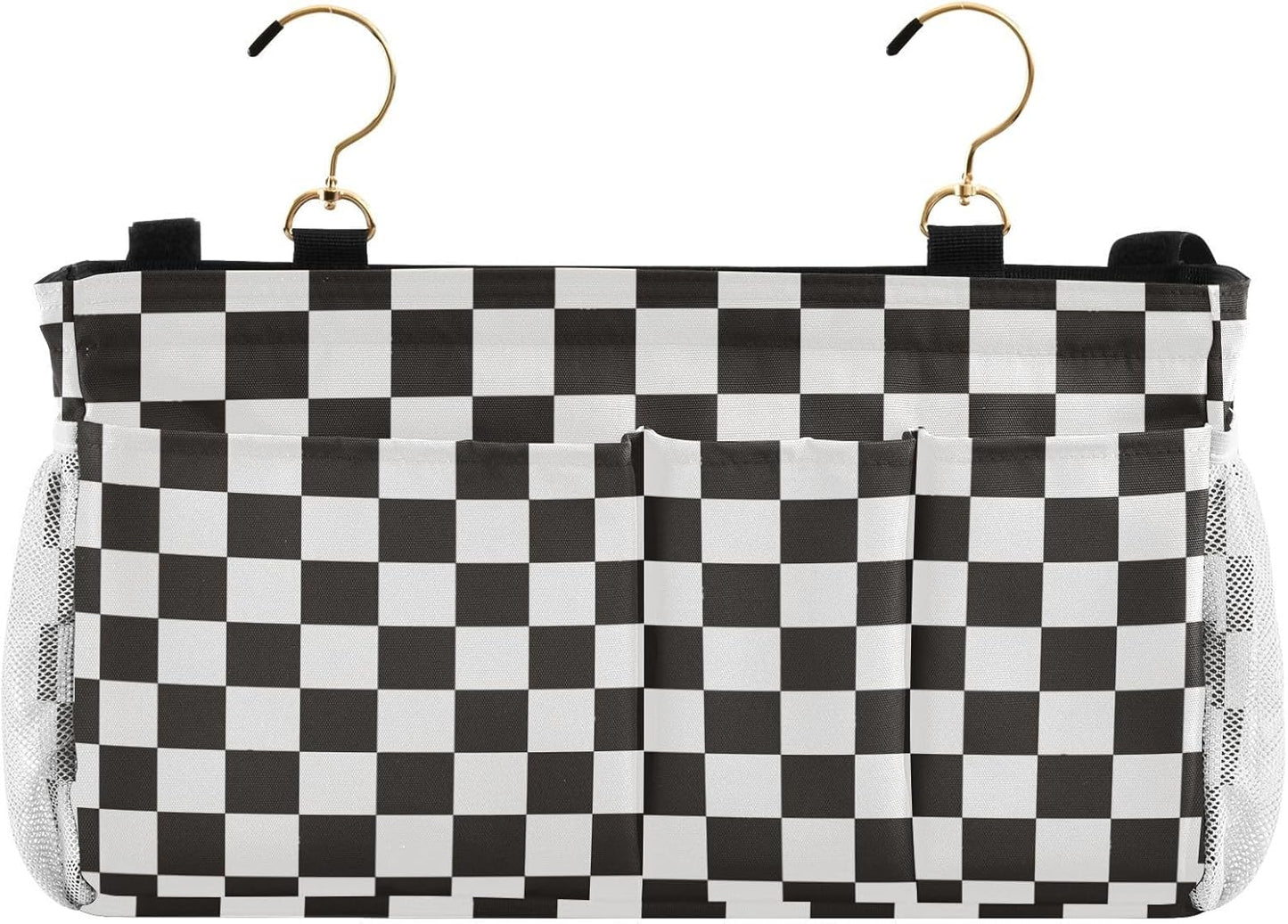 Checkered Black Bedside Caddy for Dorm Bed Bedside Hanging Caddy Bag Iron Frame Storage Organizer Pocket for Bunk Home College Hospital Beds 2 Hooks