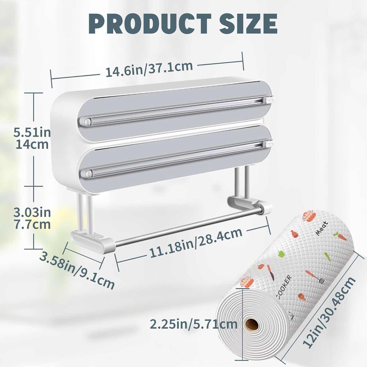 3 in 1 Plastic Wrap Dispenser with Cutter，Magnetic Aluminum Foil and Adhesive Film Organizer, Wall Mount Kitchen Wrap Organizer, Cling Wrap Dispenser with Paper Towel Holder and Cutter