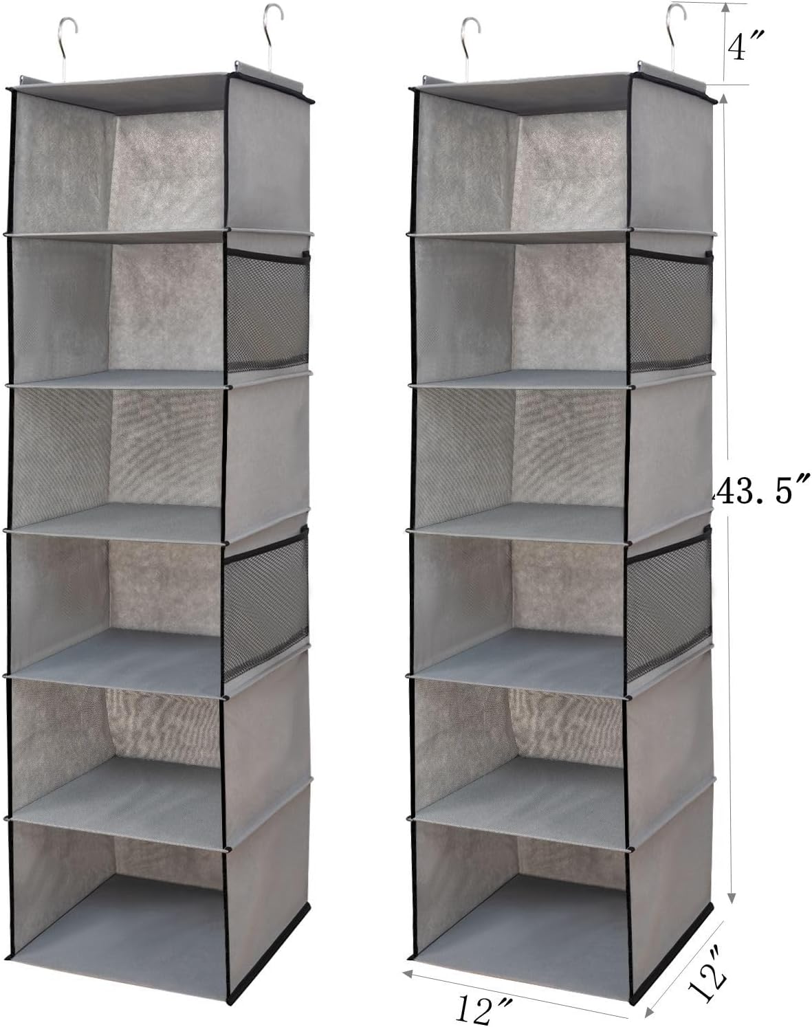6 Shelves Hanging Closet Organizer, 2 Pack Hanging Storage with 4 Side Pockets for Clothes Shoes, 43.5"x12"x12"(Grey)