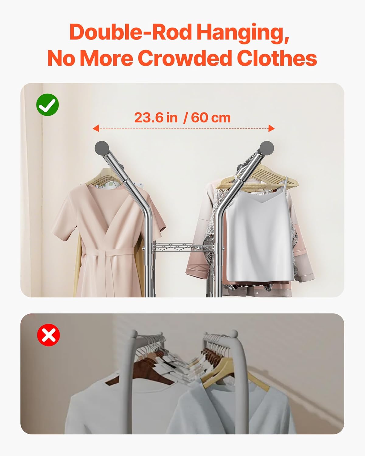 VEVOR Clothes Rack, Rolling Clothing Garment Rack, Extendable Carbon Steel Clothing Racks with Wheels for Bedroom, Laundry, Living Room