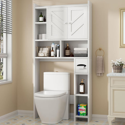 Shintenchi Over The Toilet Storage Cabinet, Bathroom Storage Cabient with Barn Doors, Bathroom Storage Shelf Organizer with Toilet Paper Holder, Adjustable Shelf and Anti-Tip Device, White