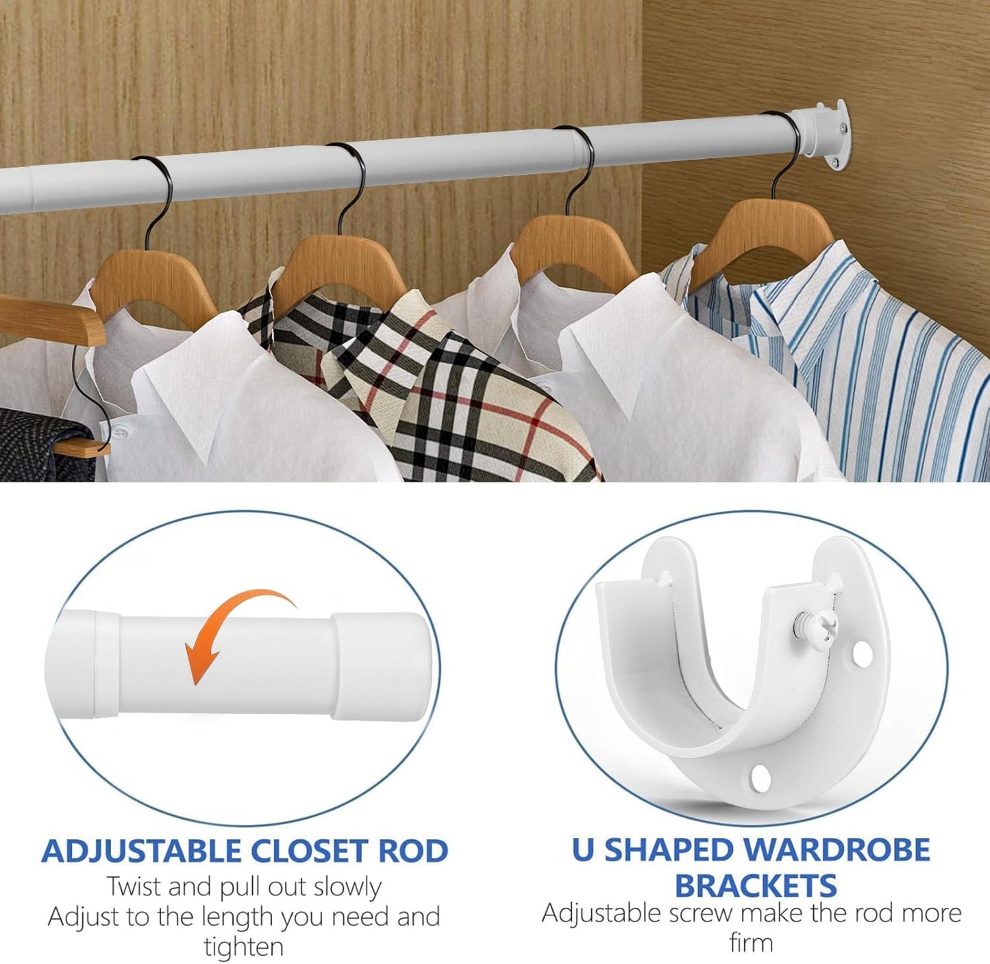 Closet Rod, 17 to 38 Inch Closet Rods for Hanging Clothes, Heavy Duty Adjustable Closet Hanging Rod Bar White Closet Poles for Wardrobes, Closet, Bathroom, Windows,1.3 Inch Diameter