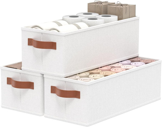OUTBROS Wardrobe Storage Boxes, Fabric Foldable Bins, Cube Baskets With Handles, Collapsible Organiser For Bedrooms, Living Rooms, Shelves, White, 15 x 6.1 x 5.1 inch, 3-Pack