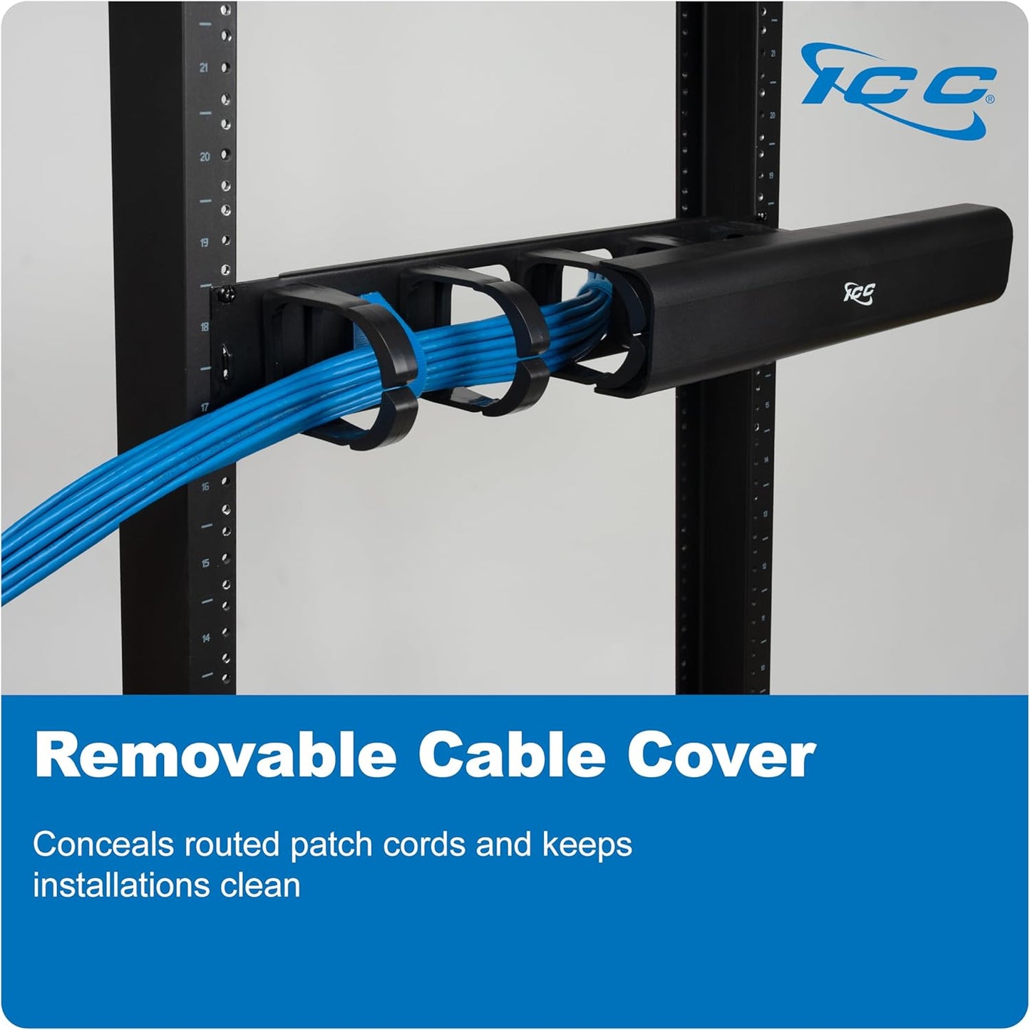 ICC 2U Ring Cable Manager Panel with Cover, Plastic with Metal Back Frame, 4" D-Rings, Horizontal Cable Management, Rackmount for 19” Network Racks, Black, Single Pack